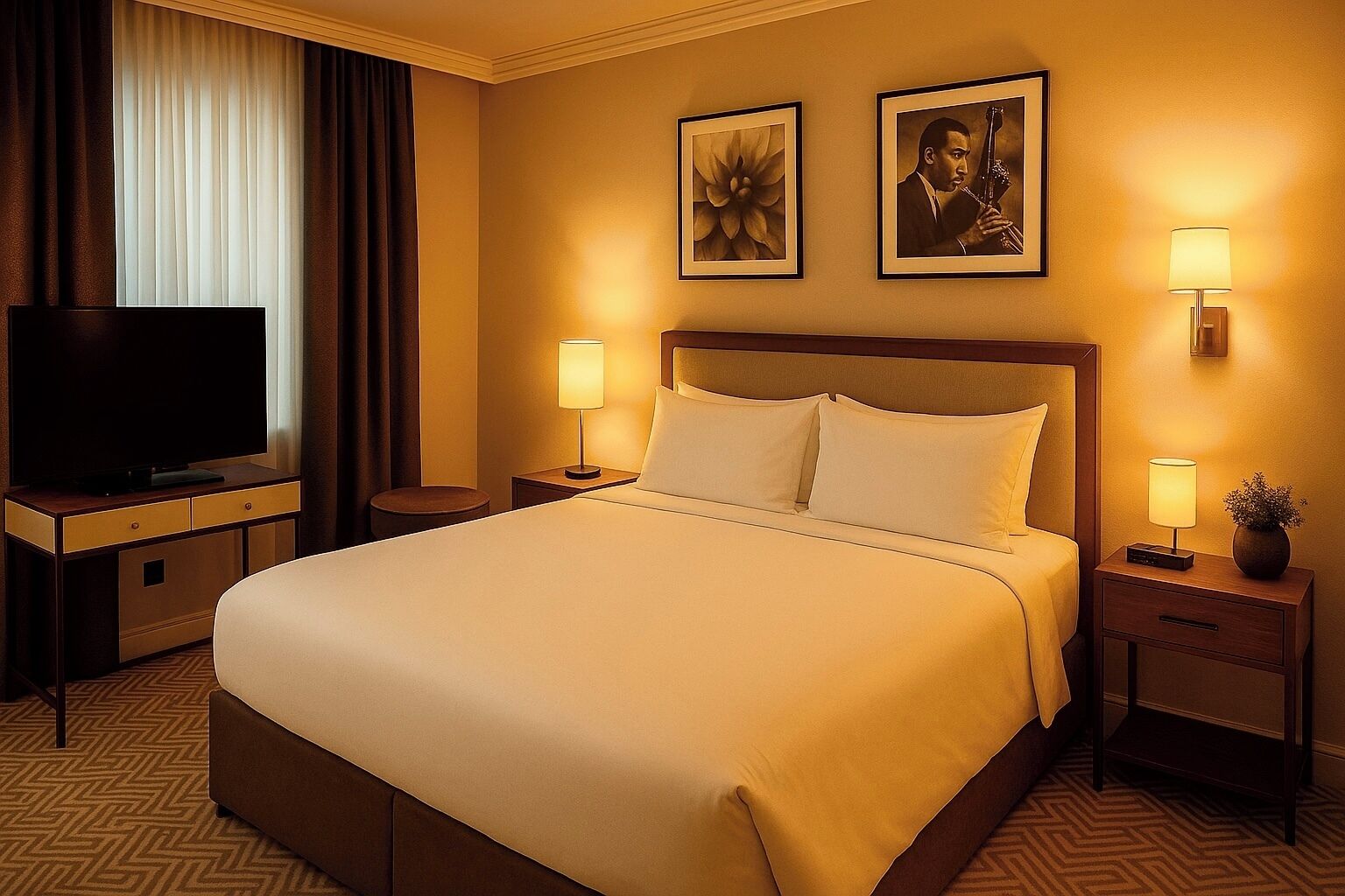 Camera d'albergo con un letto grande, due abat-jour, una TV a schermo piatto su un mobile in legno e due quadri appesi al muro.