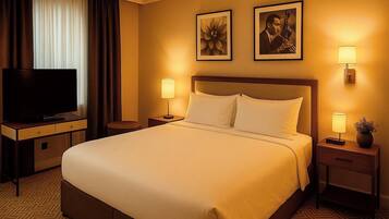 Camera d'albergo con un letto grande, due abat-jour, una TV a schermo piatto su un mobile in legno e due quadri appesi al muro.