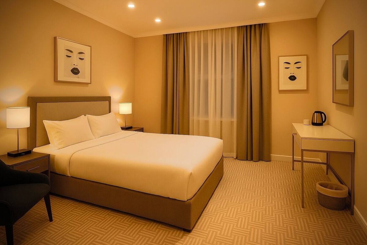 A hotel room with a large bed, a desk, a chair, a lamp, and a coffee maker.