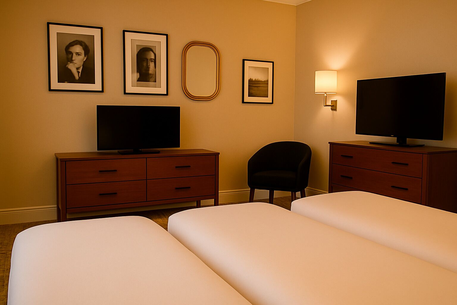 Ein Hotelzimmer mit zwei Betten, einem Fernseher auf einer Kommode, einem Sessel und gerahmten Bildern an der Wand.