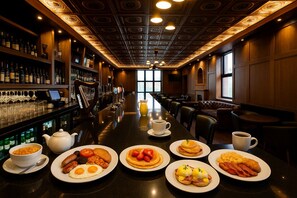 A bar area with a long counter, shelves with bottles, and a view of the street through large windows.