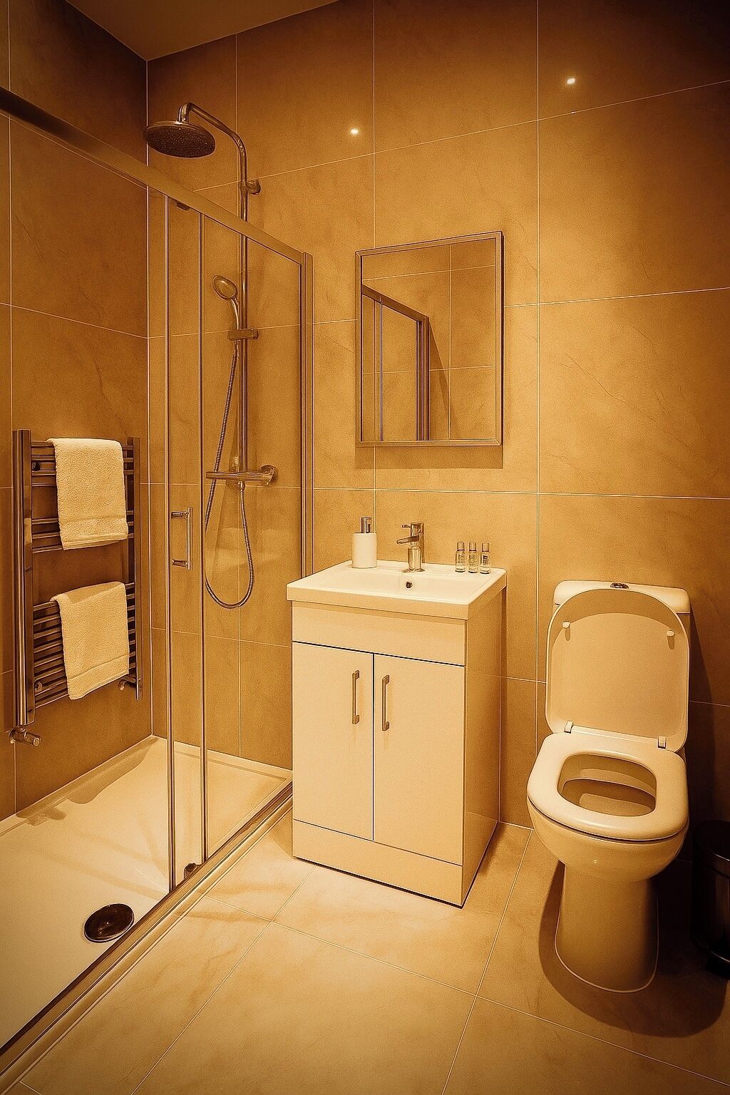 separate bathtub and shower, free toiletries, hair dryer, towels