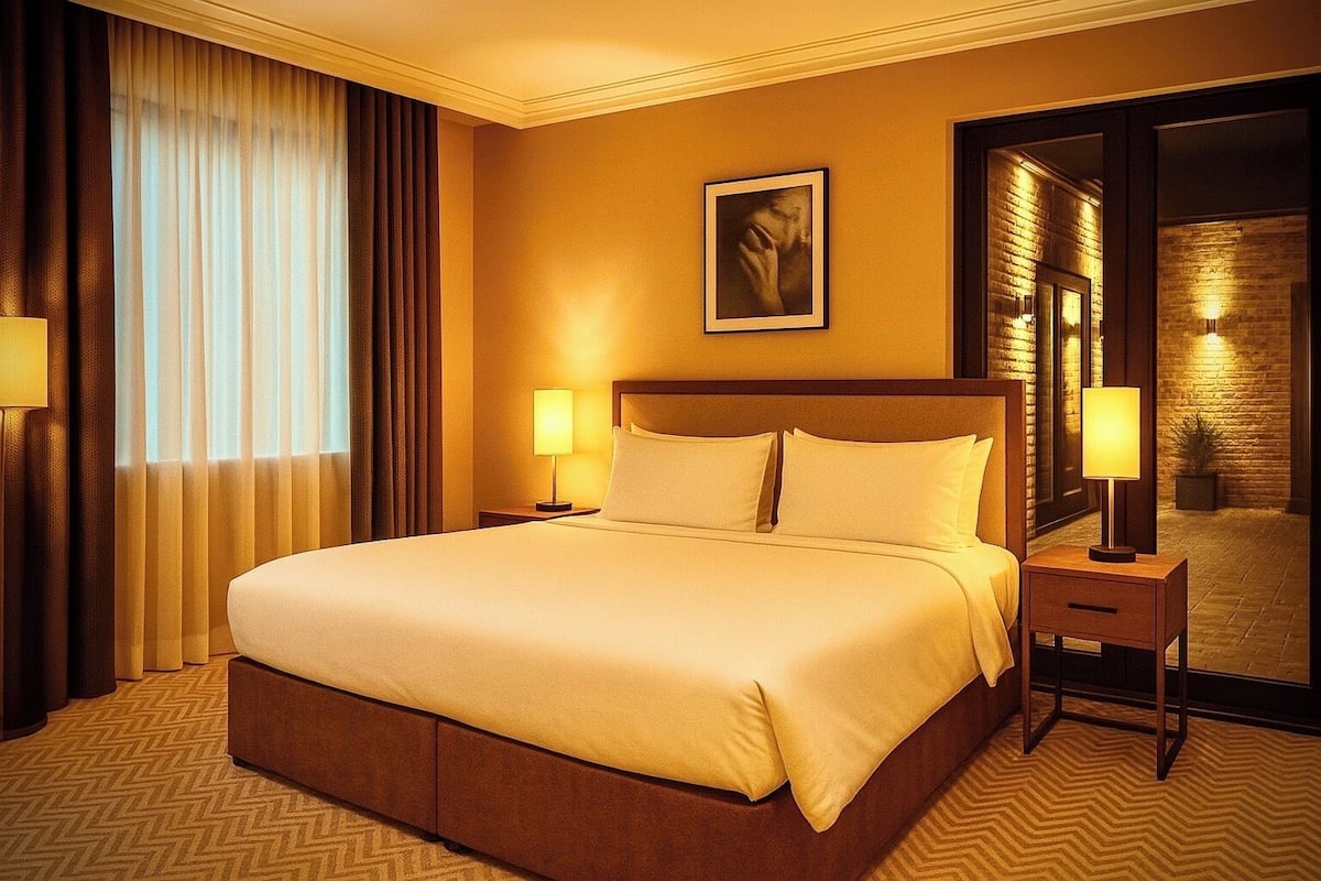 A hotel room with a large bed, two bedside tables with lamps, a large mirror, and a view of a brick wall and a door.