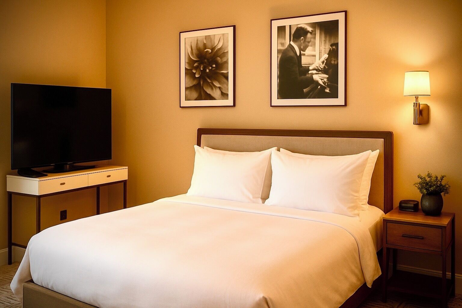 Habitación de hotel con una cama grande, un televisor de pantalla plana sobre un soporte, dos cuadros en la pared, una lámpara de noche y una mesita con una planta.