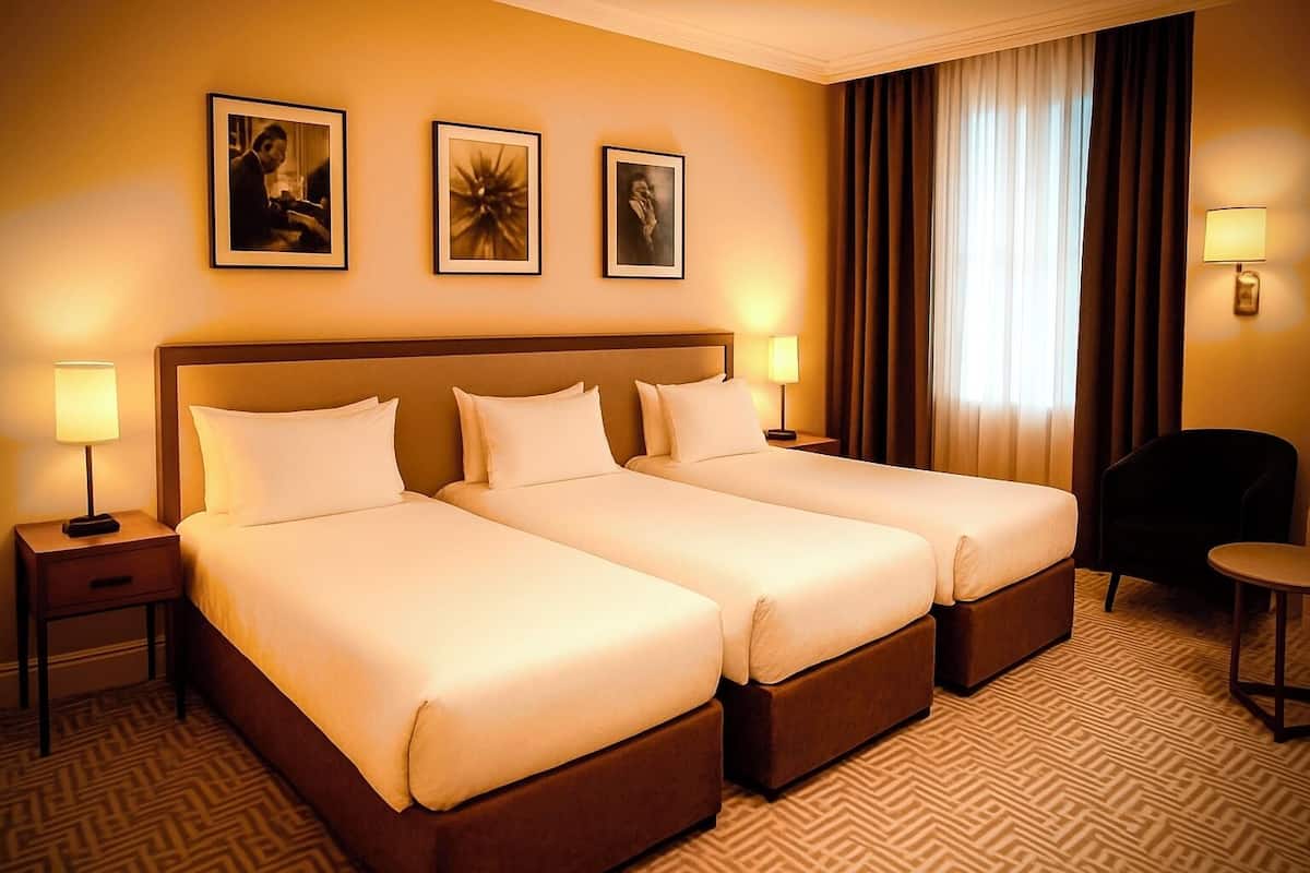 A hotel room with two beds, a large window with curtains, a small table, and a chair.