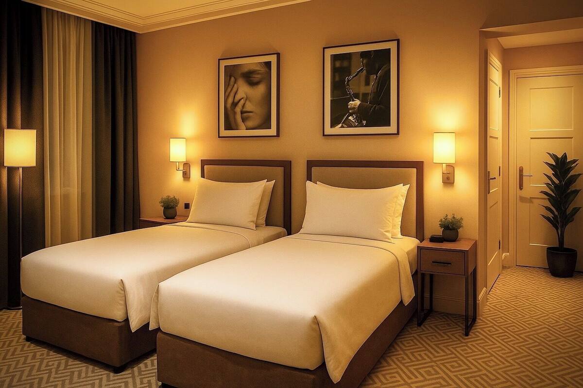 A hotel room with two beds, a nightstand, a lamp, a potted plant, and framed artwork on the wall.