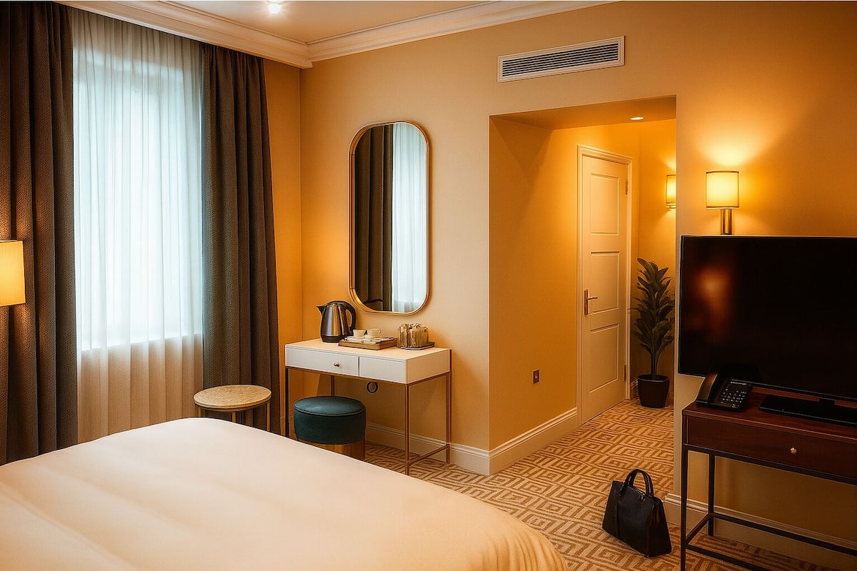 A hotel room with a bed, a desk with a mirror, a television, and a potted plant.