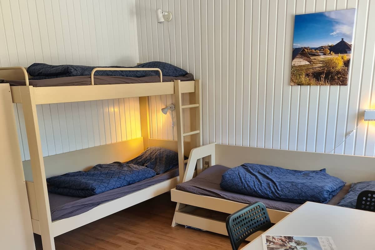 Ett rum i studentkorridorsstil med våningssängar, ett bord och stolar.
