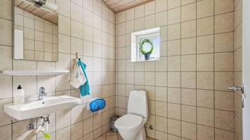 A bathroom with a sink, toilet, and a window with a plant.