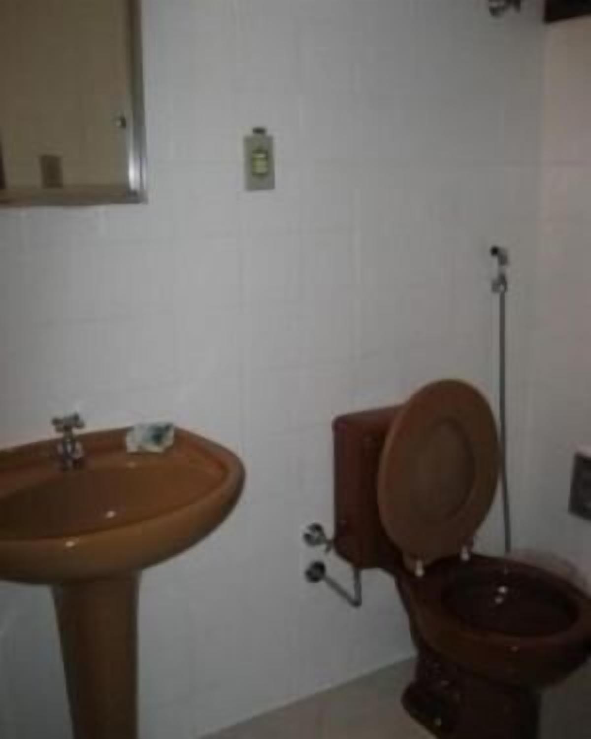 A bathroom with a pedestal sink, a toilet, and a mirror on the wall.