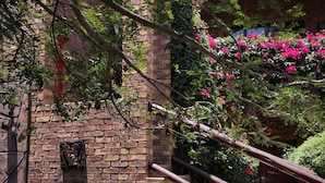 A brick staircase with a metal handrail, surrounded by greenery and flowering plants. - Bastille de Blignaut B&B (Edenvale)