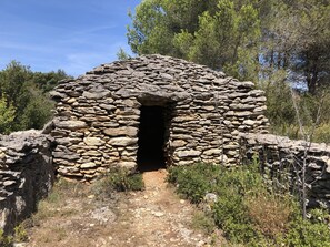 Una estructura de piedra con una abertura central, rodeada de vegetación natural.