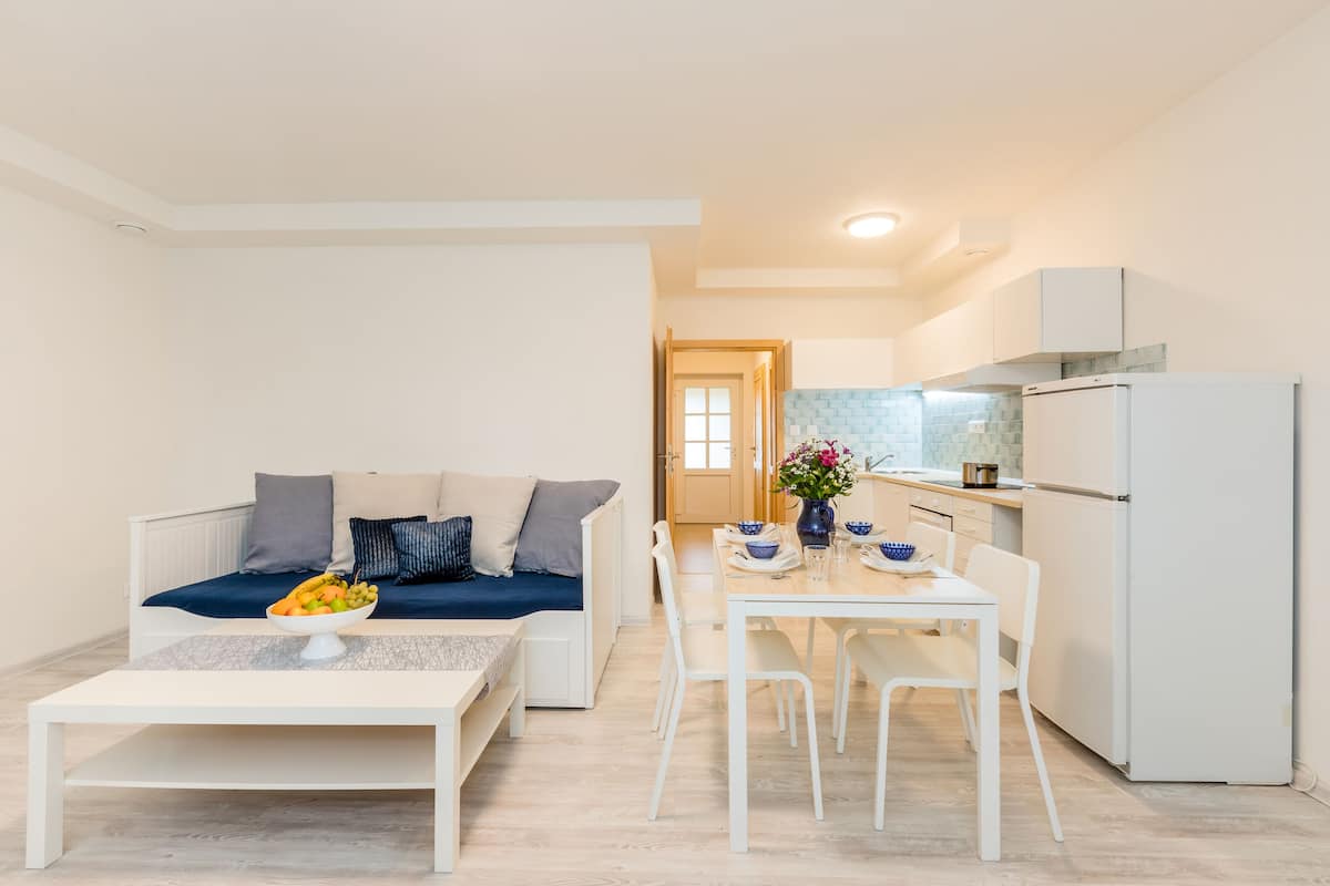 Comfort appartement | Woonruimte | Een 43-inch ledtelevisie met digitale zenders en een televisie