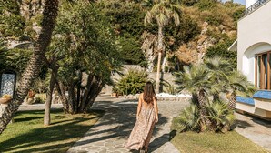 A pathway leading to a building surrounded by palm trees and greenery. - Hotel Zaro (Forio)