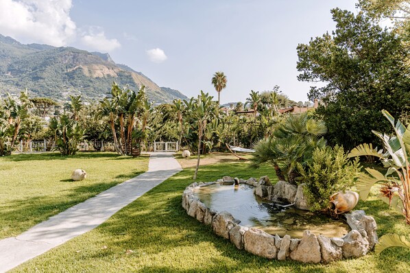Un jardín ajardinado con un estanque, un sendero y plantas tropicales.