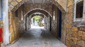 Un pasillo de piedra con techo abovedado, que conduce a una puerta con marco azul.
