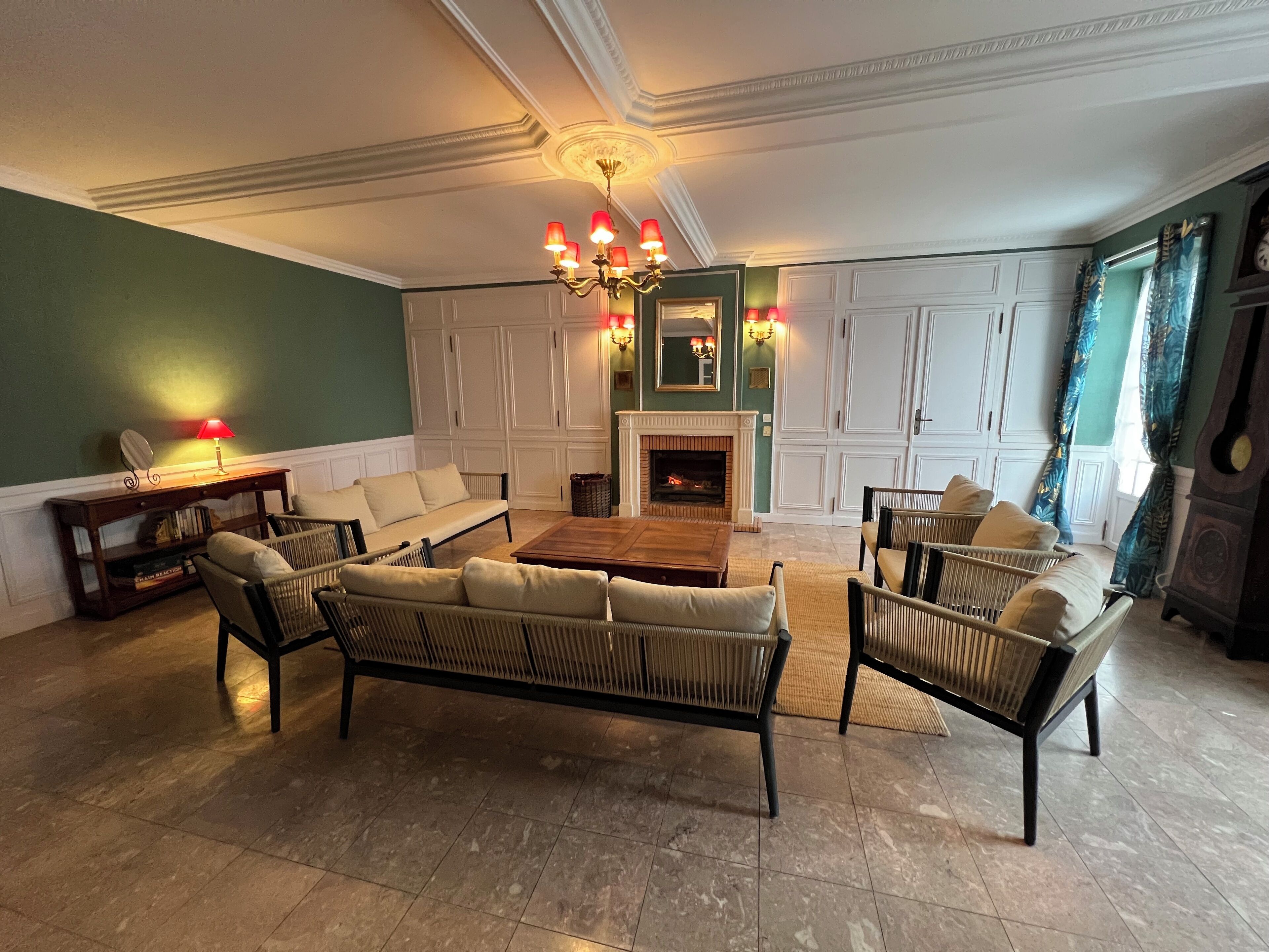 TV, fireplace, books