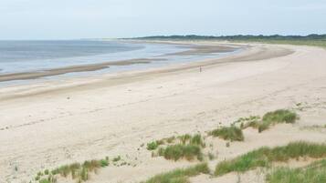Une vaste plage de sable fin, avec des vagues douces, un ciel dégagé et une végétation luxuriante à l’horizon.