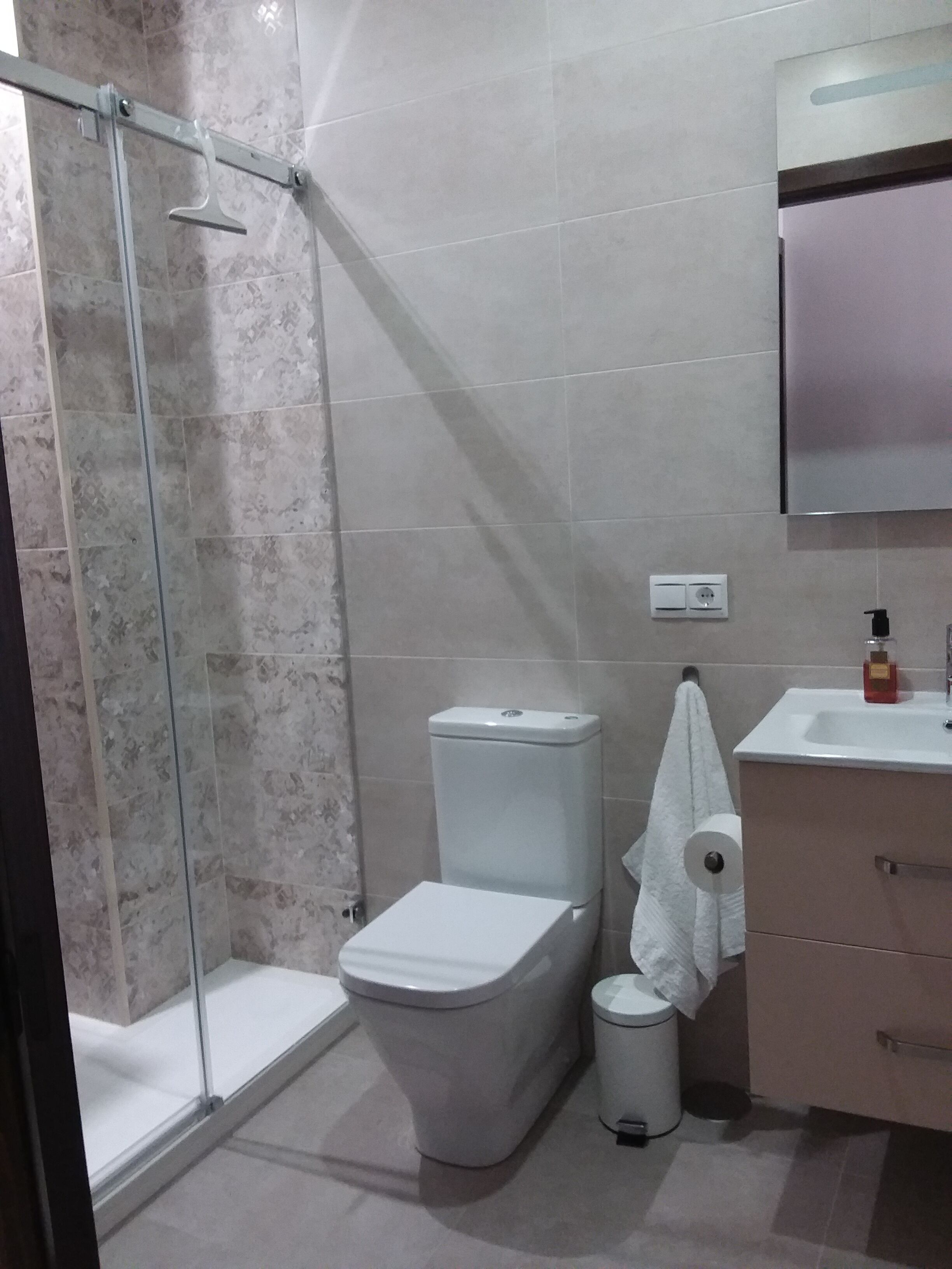 Baño con ducha, inodoro y lavabo.
