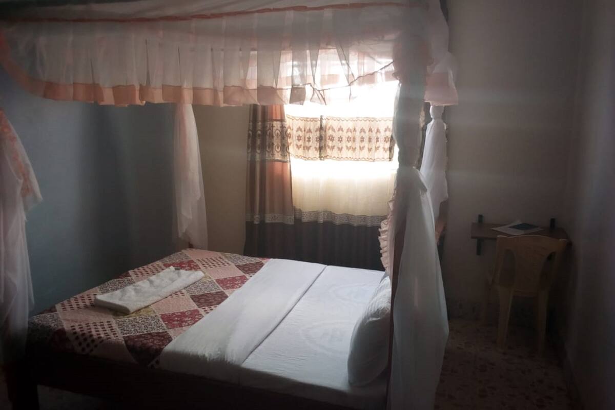 Una cama individual con dosel, una mesita de noche y una silla.