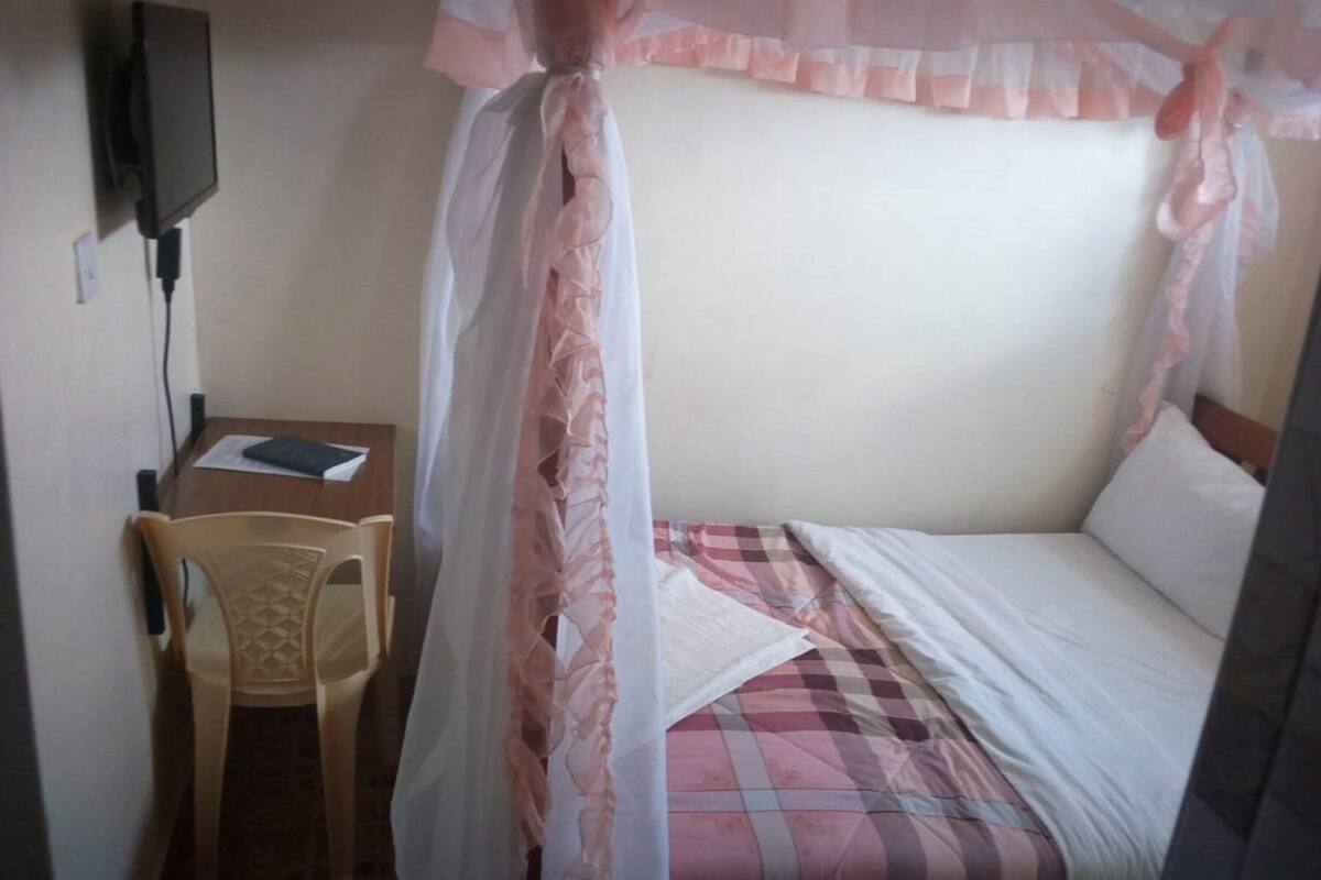 Una cama individual con dosel, un escritorio con silla, y un televisor fijado en la pared.