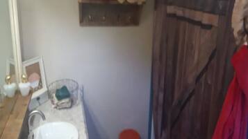 Een badkamer met een wastafel, een spiegel, een plank met toiletartikelen en een houten deur.
