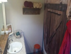 A bathroom with a sink, a mirror, a shelf with toiletries, and a wooden door.