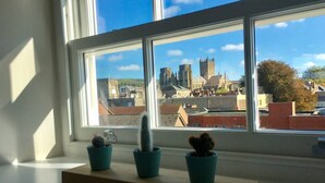 Una ventana con tres cactus en macetas sobre un alféizar, con vistas a un paisaje urbano de arquitectura distintiva.