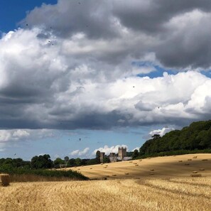 Un paisaje rural con un campo de heno, un edificio lejano con una torre y un cielo nublado.