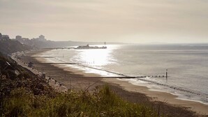 A coastal beach scene with a pier extending into the water, a clear sky, and a distant city skyline.