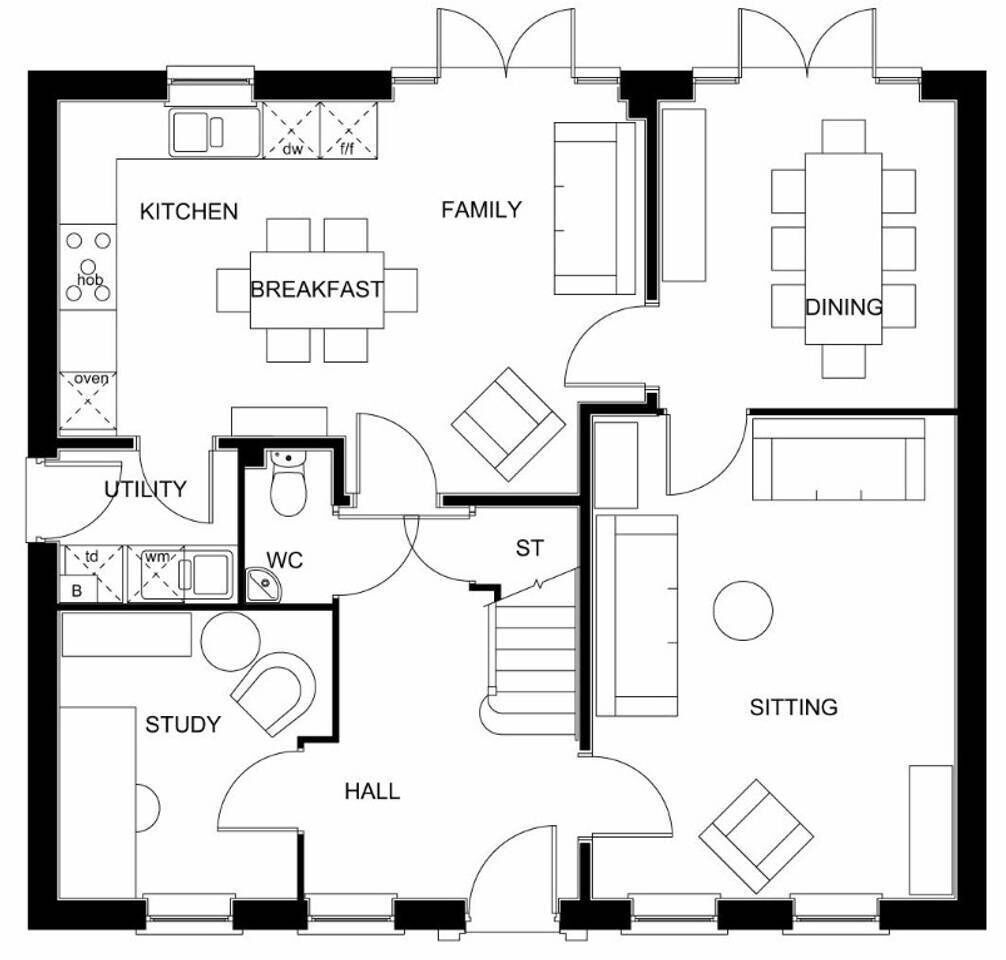 A floor plan with a kitchen, dining area, family room, study, utility room, WC, sitting area, and hall.