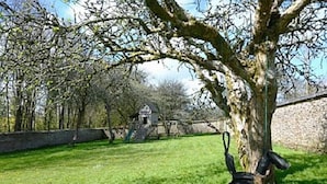 A grassy outdoor area with a tree and a tire swing. - Lakeview Cottage (Ivybridge)