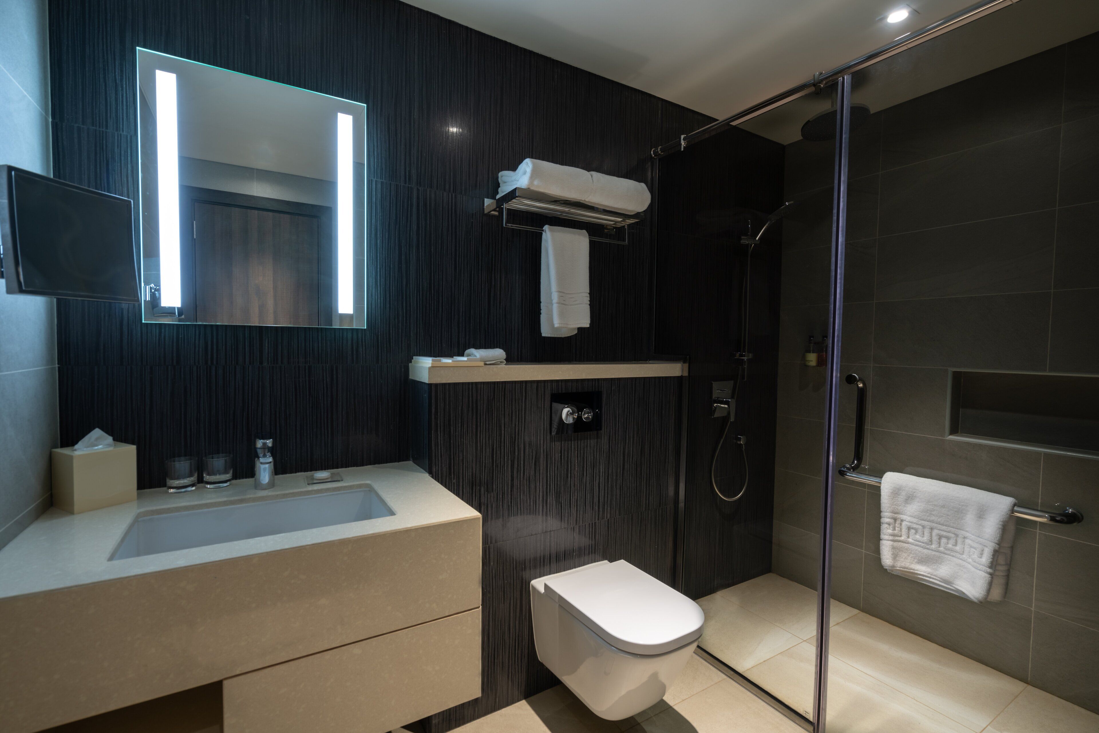 A modern bathroom with a large mirror, a toilet, a shower, and a sink.
