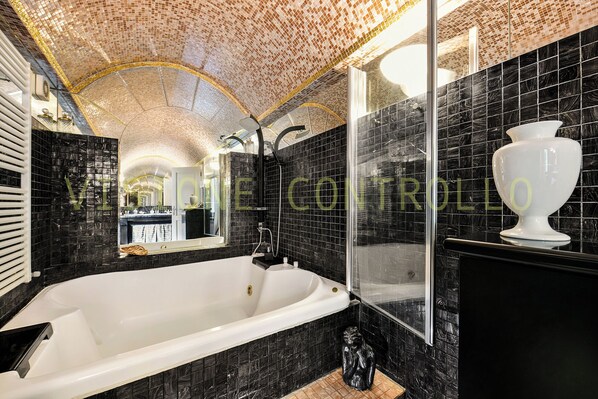 Combined shower/bathtub, jetted bath, hair dryer, bidet