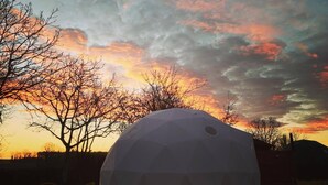 A geodesic dome tent with a clear view of the surrounding landscape and trees. - Tui's Nest Glamping (Villentrois-Faverolles-en-Berry)