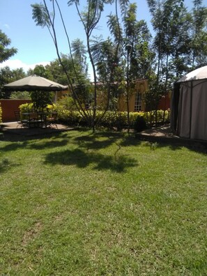 A grassy backyard with a patio table and chairs, a small tree, and a building with a yellow exterior. - Sadybech Hotel (Siaya)