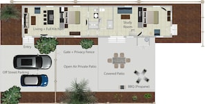 A floor plan of a property with a living room, full kitchen, study room, off-street parking, open air patio, covered patio, and a BBQ area.
