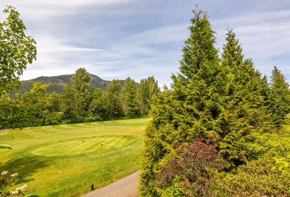 A golf course with a well-maintained fairway, surrounded by dense forest and hills in the background. - 4BR/5BA on Golf Course-Private HT, Gondola Parking (Whistler)