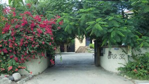 A gated entrance with a concrete wall, a sign reading "one 32", and lush greenery including red flowers and ferns. - One32 Guest House (Kingston)
