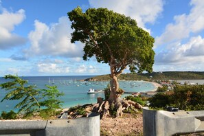 A coastal landscape with a prominent tree, rocky terrain, and a view of boats on the water. - Bella Constantina Villa In Anguilla. Modern Design With Breath-Taking View (Elsie Bay)