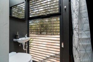 Chuveiro, secador de cabelo, toalhas de banho 