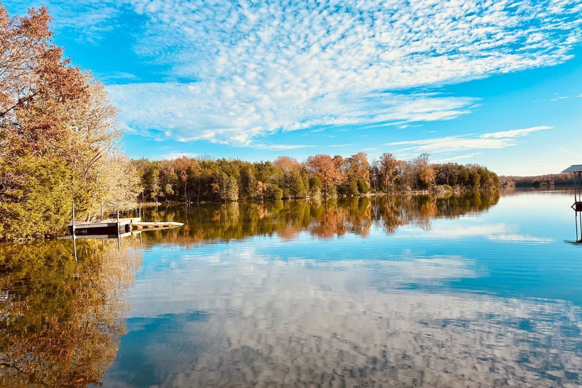Ein ruhiger See mit einer Anlegestelle, umgeben von Bäumen, die sich im Wasser spiegeln.