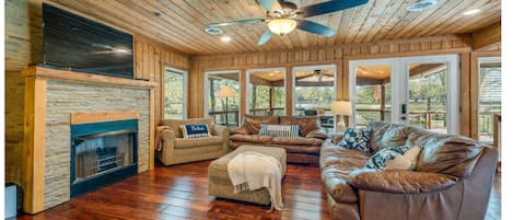 Smart TV, fireplace, DVD player, books