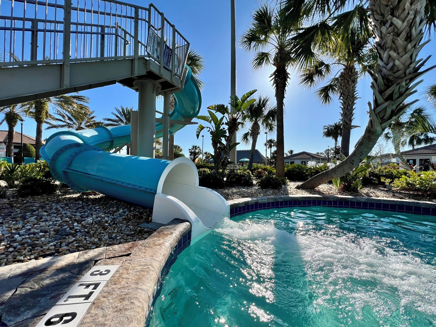 A water slide leading into a pool surrounded by palm trees and a clear sky.