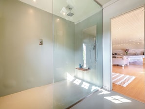 A modern bathroom with a glass shower enclosure, a wooden shelf, and a view into a living area with a sofa and a coffee table.