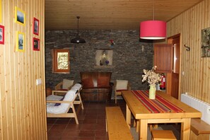 Flat-screen TV, fireplace, books