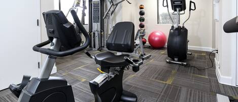 Un gimnasio con equipo cardiovascular, máquinas de pesas y pelotas de ejercicio.