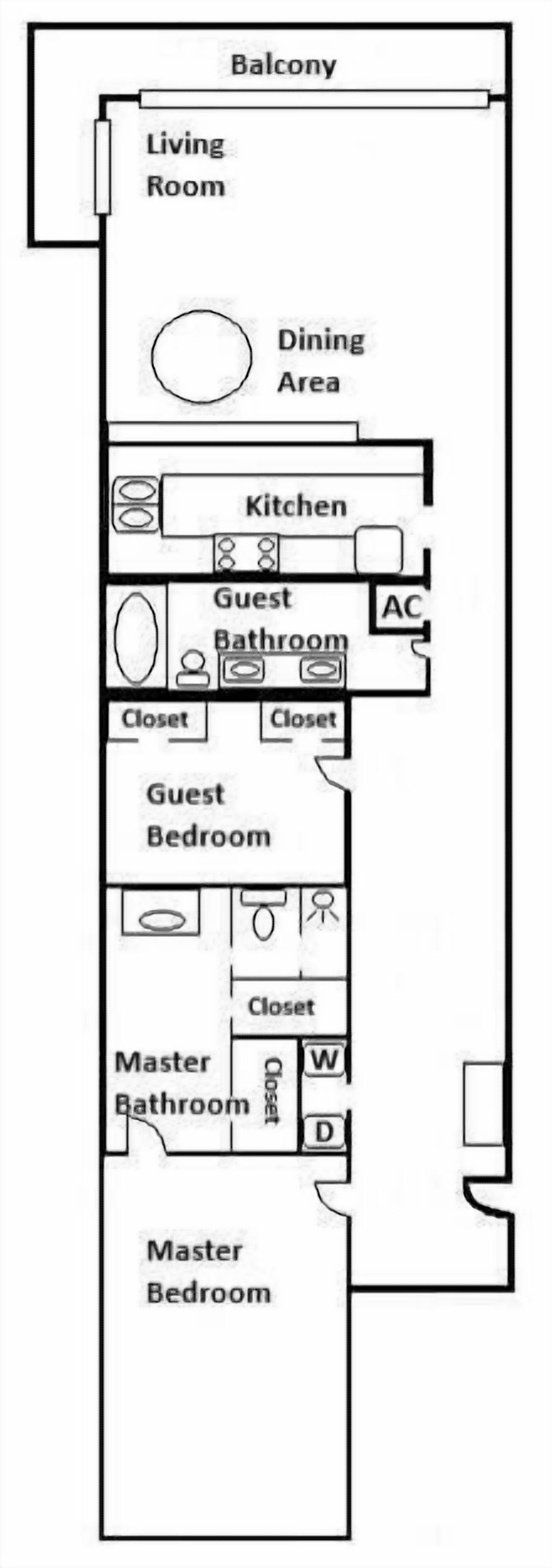 A floor plan of a hotel with a balcony, living room, dining area, kitchen, guest bathroom, guest bedroom, master bathroom, closet, and master bedroom.