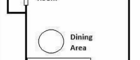 A floor plan of a hotel with a balcony, living room, dining area, kitchen, guest bathroom, guest bedroom, master bathroom, closet, and master bedroom.