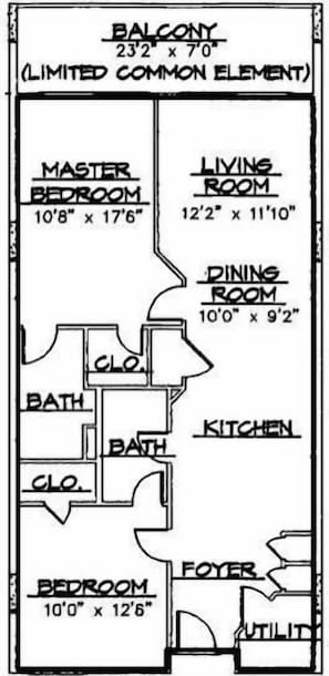 A floor plan of a 232 x 70" apartment with a master bedroom, living room, dining room, kitchen, two bathrooms, a foyer, and a utility room. - Summerlin 103 - Shell Seekers Retreat (Fort Walton Beach)